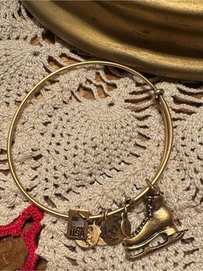 Alex and Ani Gold-tone Figure Skate Charm expandable Bangle Bracelet ice skate